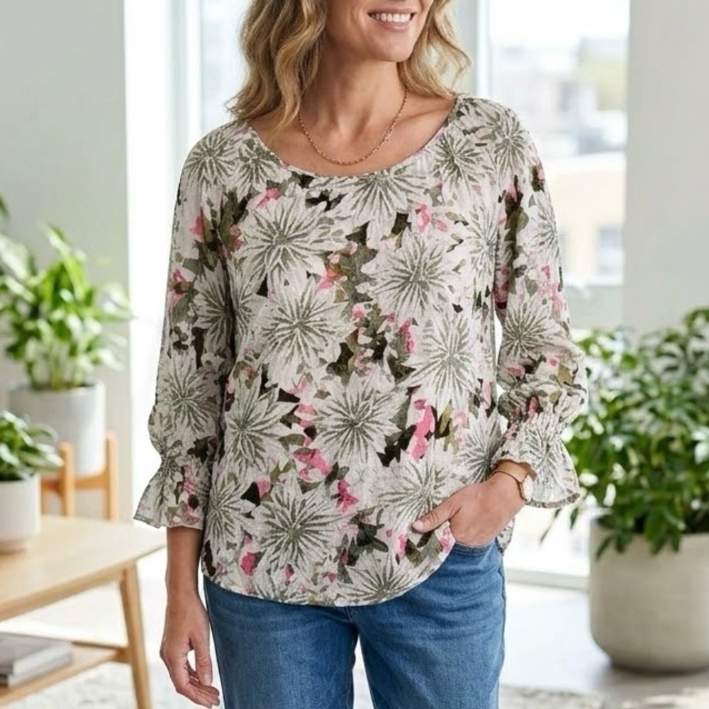 Northern Reflections Floral Dobby Swiss Dot 3/4 Sleeve Blouse Tropical Boho Chic